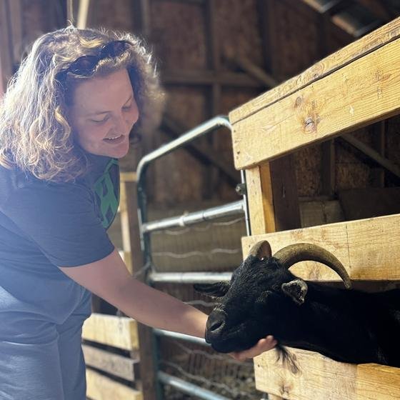 A Harvest Pack team member petting a black goat